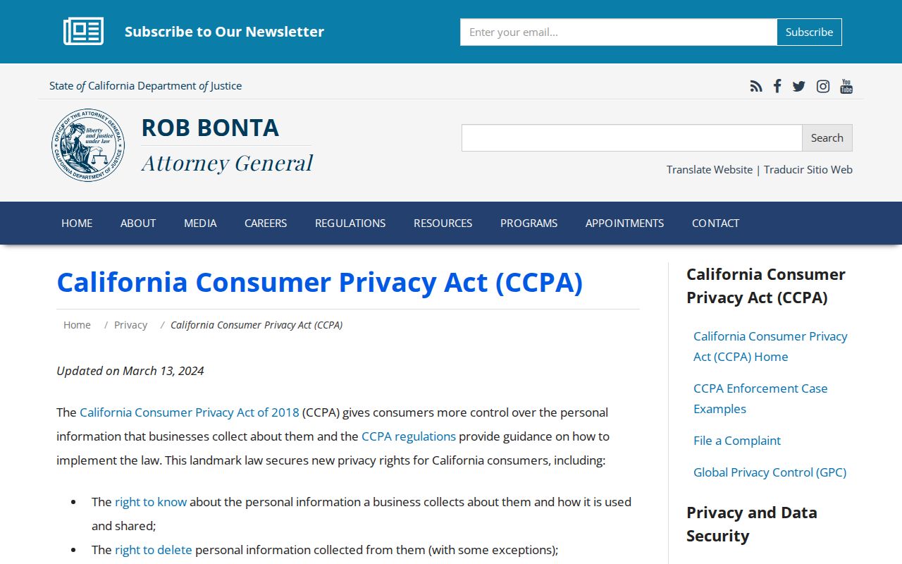 Reedley voter records privacy context on the California Attorney General CCPA page
